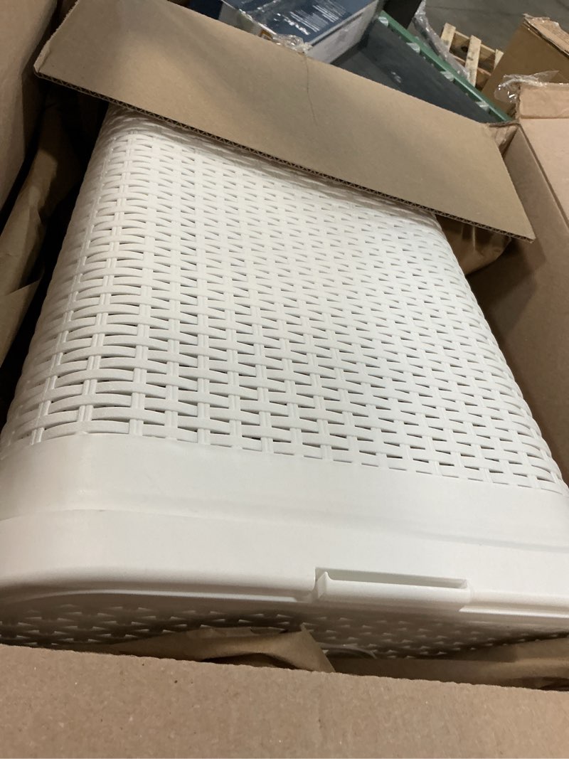 Condition photo showing Good Condition for Mind Reader Slim Laundry Hamper with Lid, 40L Clothes Basket, Premium Wicker Design, Plastic, White White Single