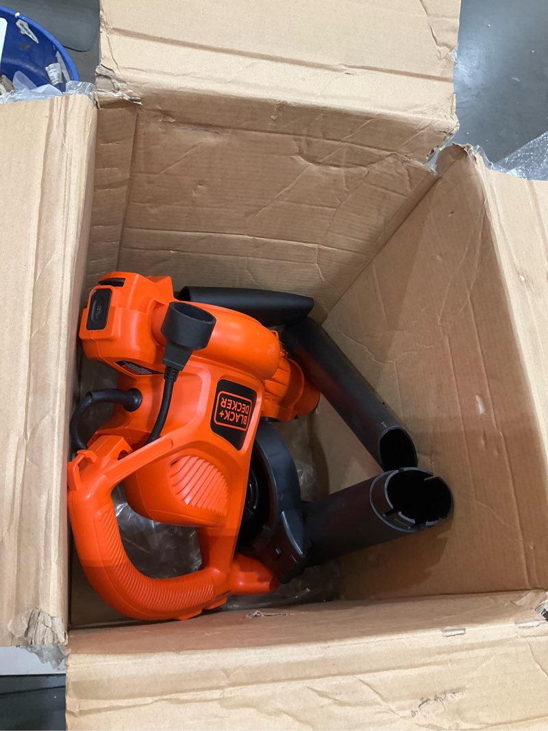 Condition photo showing As Is for black+decker leaf blower, leaf vacuum and mulcher 3 in 1, backpack blowers for lawn care,250 mph airflow, 400 cfm delivery power, reusable bag included, corded (bebl7000)