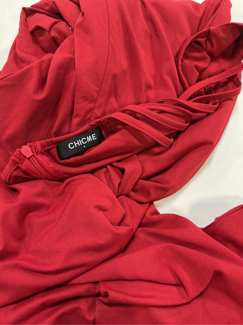 Condition photo showing Good Condition for CHICME Women's One Piece Jumpsuit Rhinestone Cutout Ruched Wide Leg Jumpsuit Overall Long Pants Large Red