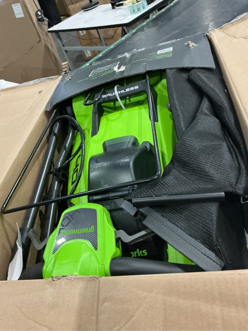 Condition photo showing As Is for greenworks 40v 16" (push) cordless lawn mower, 4.0ah battery (1/3 acre, push button start, compatible with 75+ tools) 16" (4.0ah)