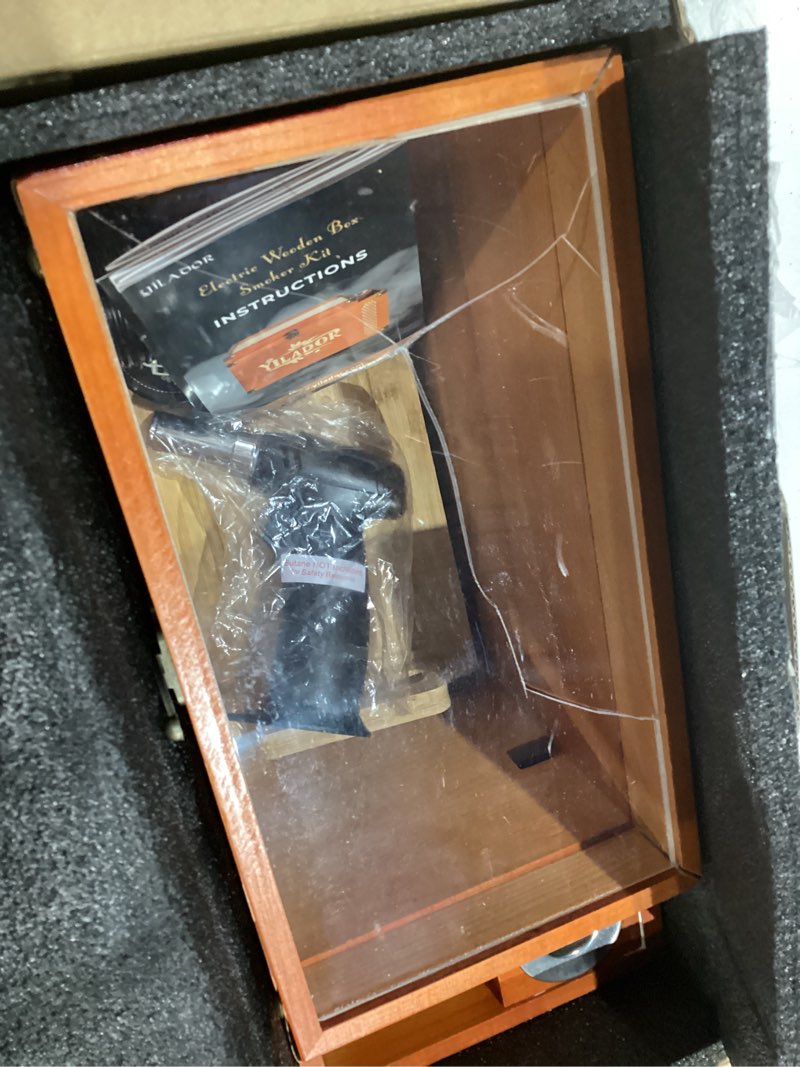 Condition photo showing As Is for old fashioned smoker kit – premium wooden gift box for whiskey & cocktails, electric fan-powered 2-in-1 drink & food smoker, bourbon whiskey gift for men, complete set (smoking gun not required) reddish brown