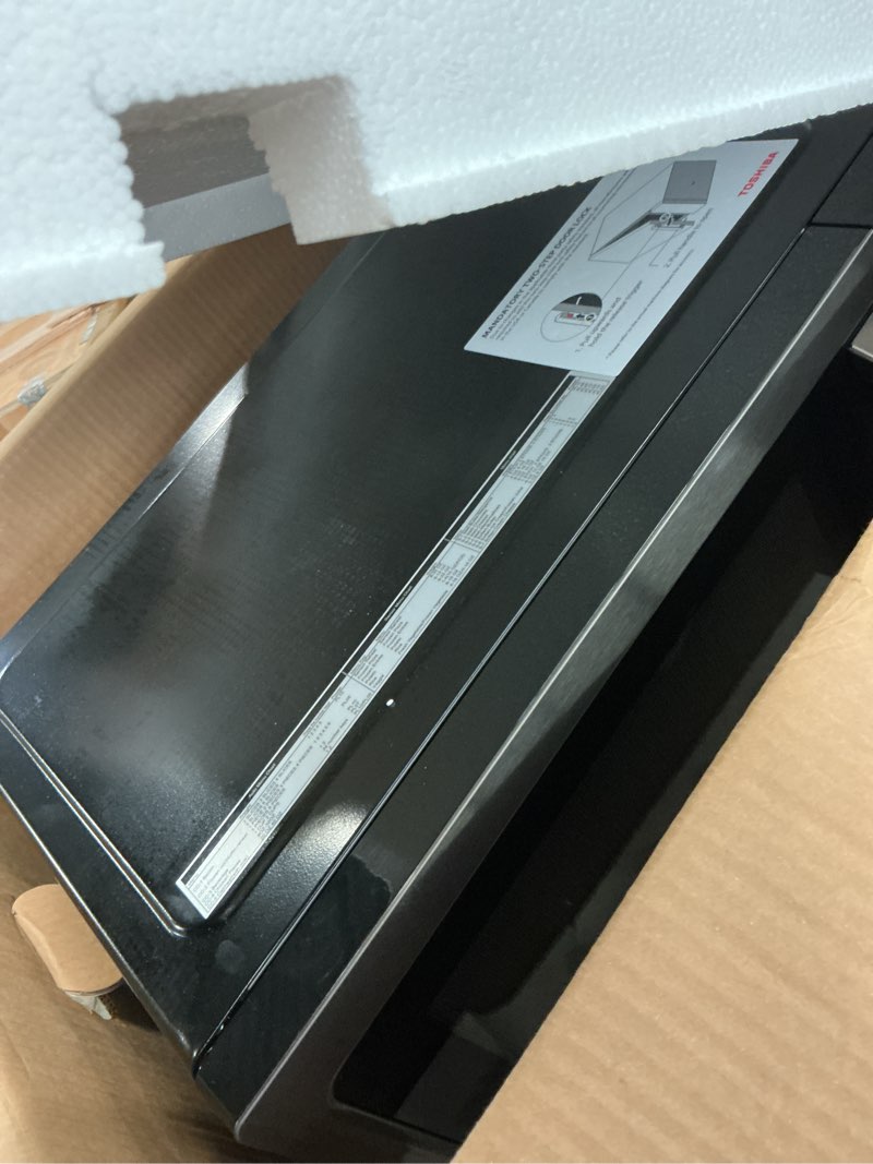 Condition photo showing As Is for TOSHIBA EM131A5C-BS Countertop Microwave Ovens 1.2 Cu Ft, 12.4" Removable Turntable Smart Humidity Sensor 12 Auto Menus Mute Function ECO Mode Easy Clean Interior Black Color 1000W 1.2 Cu.ft