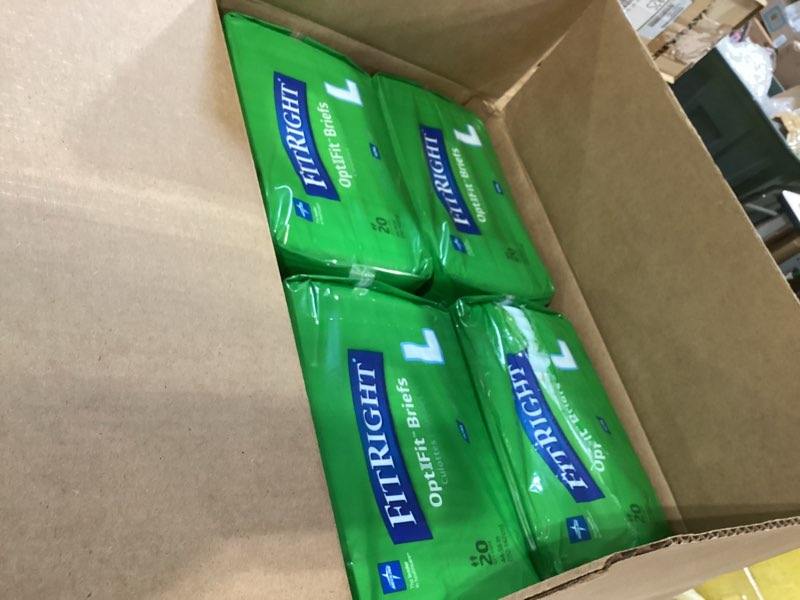 Condition photo showing Good Condition for fitright ultra heavy absorbency adult diapers for men & women, waist size: large 44-56 inches, optifit incontinence disposable briefs with leak protection for seniors, 80 count large 80 count