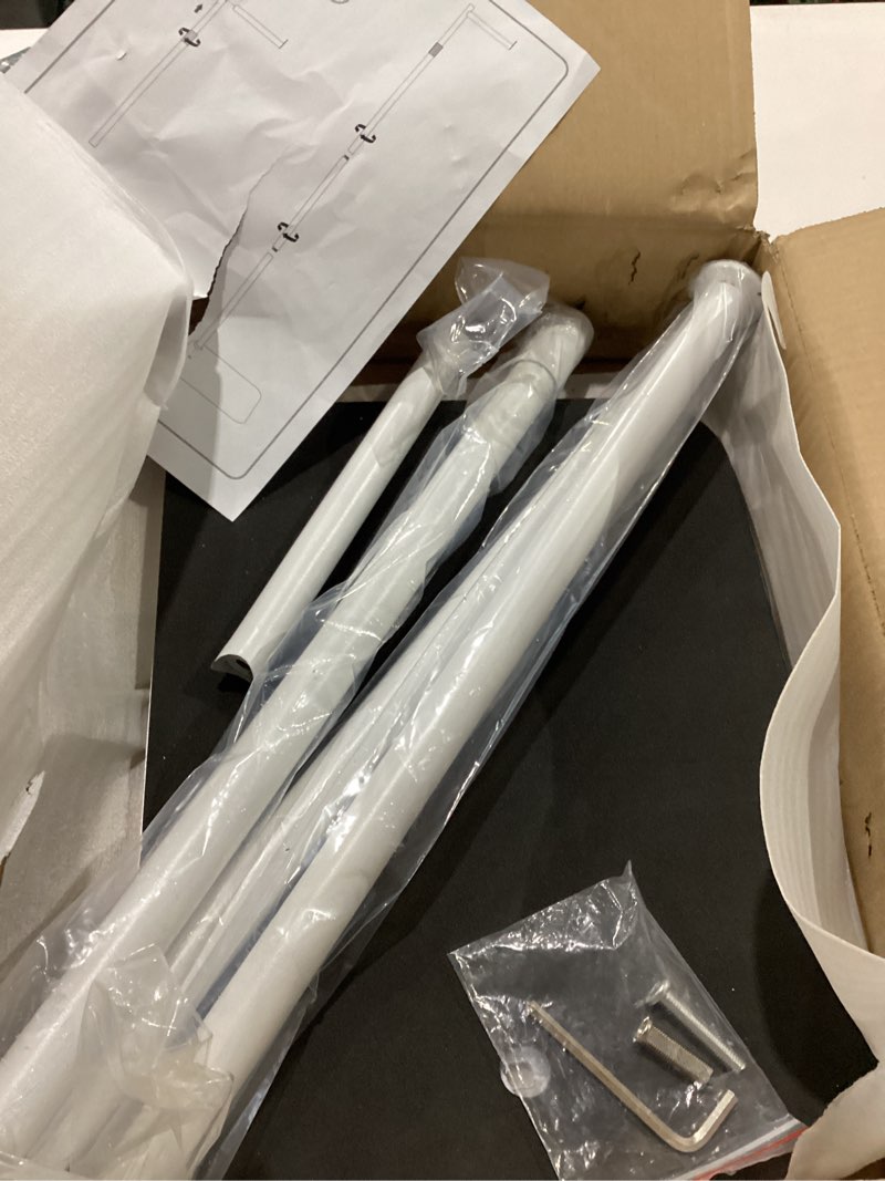 Condition photo showing As Is for SSWBasics Adjustable White Costumer Stand – Single Arm Clothes Rack - Retail Clothing and Garment Display Stand – Ideal For Showcasing Hanging Items In Thrift Shops, Boutiques and Retail Stores