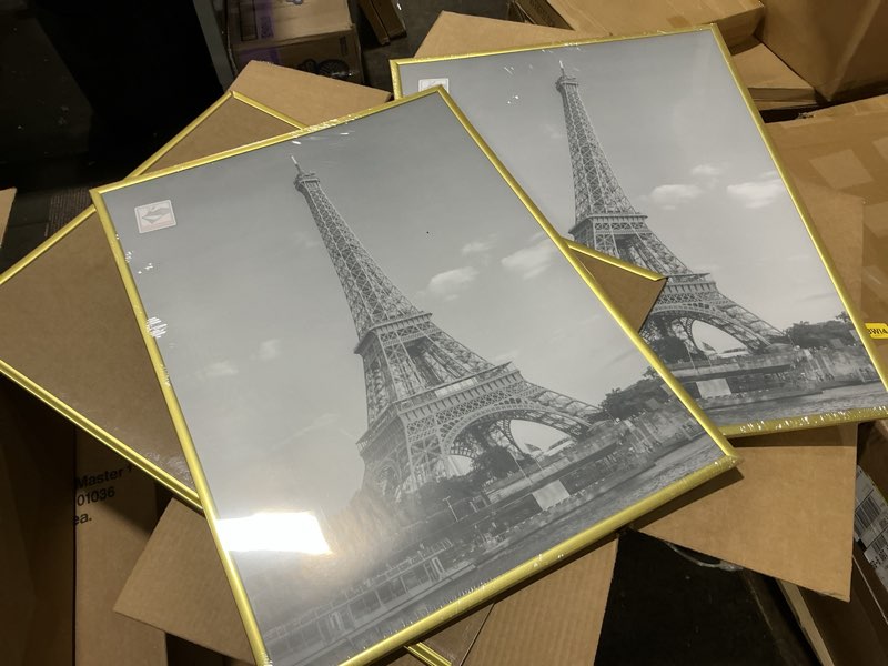 Condition photo showing As Is for (one broken) upsimples 12x16 picture frame gold 3 pack, scratch-proof poster frames 12 x 16 for photo gallery - slide-in strips, horizontal or vertical wall mounting gold 12x16