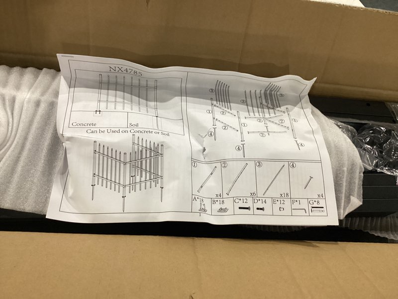 Condition photo showing Good Condition for metal garden fence 3 panels, total 9ft (l) x 36in (h) heavy-duty dog fence outdoor for yard, patio, landscape, backyard with ground stakes for soil and anchors for concrete, black