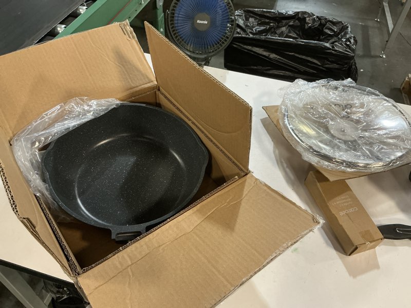 Condition photo showing New/Like New for carote 10/12/12.5 inch nonstick deep frying pan with lid, jumbo cooker saute pan with pour spout, skillet induction cookware, non stick cooking pan pfoa free, classic granite classic granite 12"