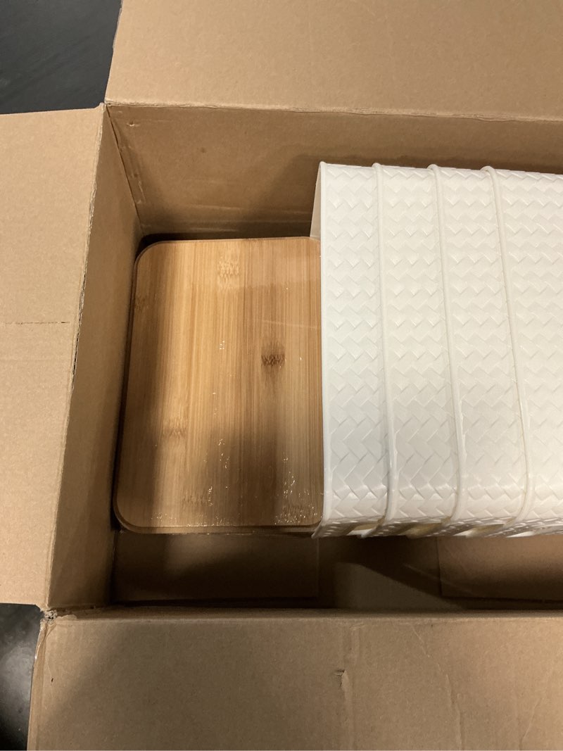 Condition photo showing Good Condition for 5 Pack Stackable Closet Storage Basket - Stackable Storage Bins, Multifunctional & Foldable Closet Organizer Waterproof, Wardrobe Cupboard Space-Saving Hat Storage Drawer Organizer, White White 5 Pack White