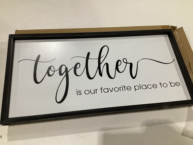 Condition photo showing Good Condition for 24 x 12 Inch Farmhouse Together Family Wall Decor, Together Wall Art for Living Room, Blessed Wooden Sign for Home Decor, Perfect Family Wall Decor for Living Room Creating Warmth and Togetherness. BLACK FRAME