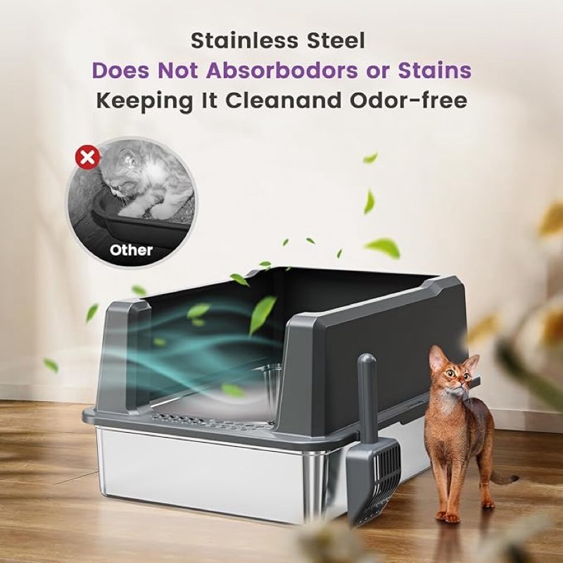 item similar ))))stainless steel cat litter box with high sided litter box for big cats and multiple cats, cat litter pan with anti-urine leakage