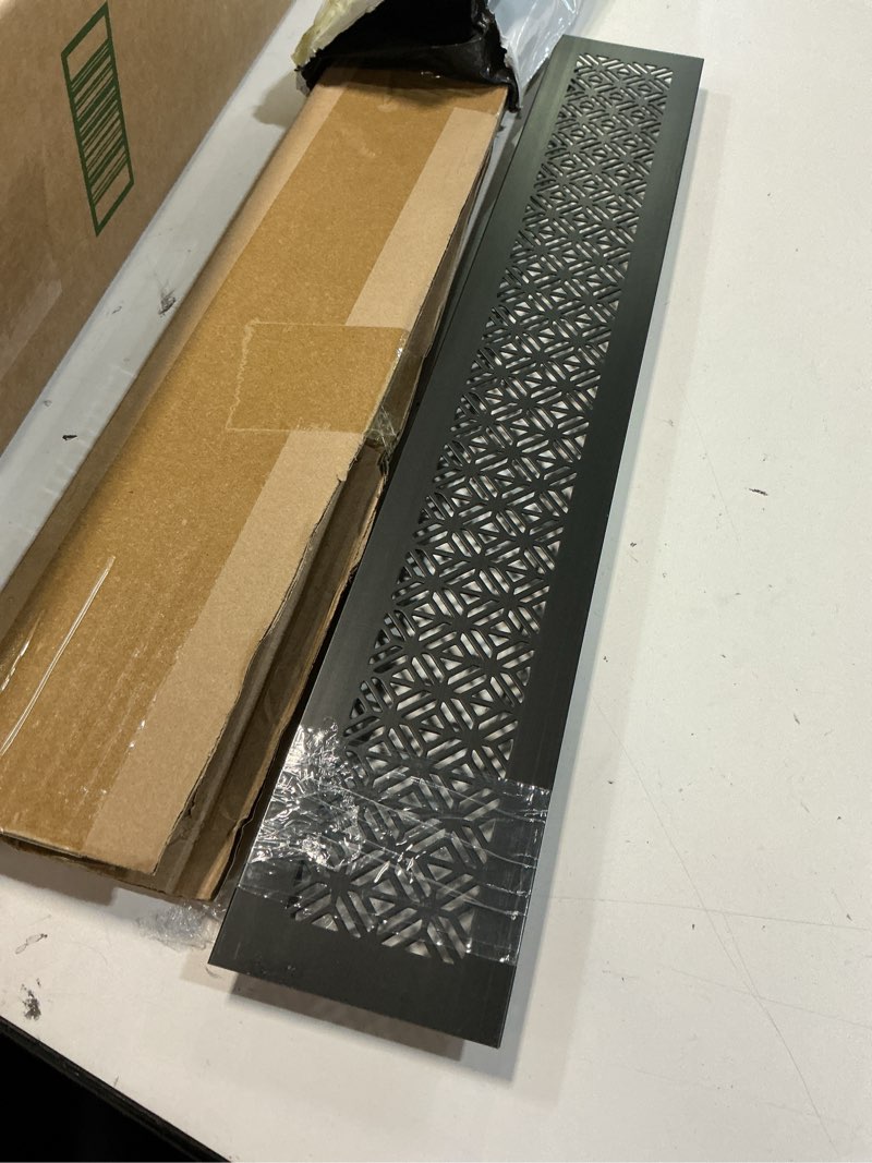Condition photo showing Good Condition for patikil 20 x 3 inch door air vent cover, heavy duty aluminum grille ventilation cover louvered with mounting screws for cabinet wardrobe door, black