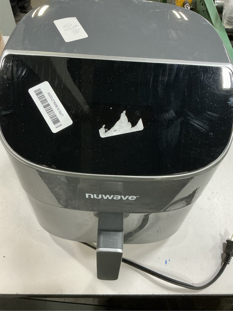 Condition photo showing As Is for nuwave brio plus 8 qt air fryer, pfas free, new & improved, digital touch screen, cool white display, 50°f~400°f in precise 5°, 5 cook functions, 100 presets & 50 memory, 3 wattages 700, 1500, 1800 cool gray