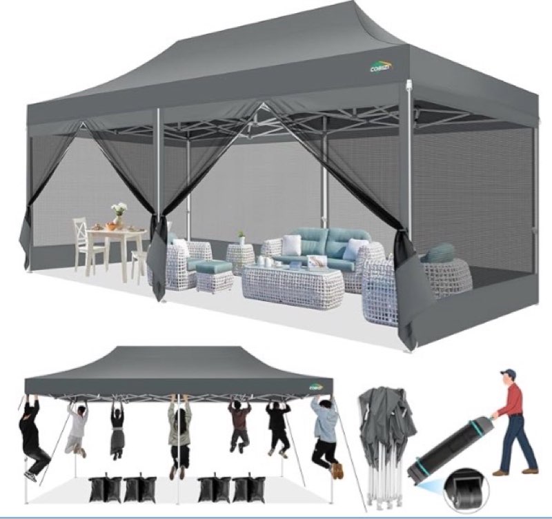 cobizi 10x20 heavy duty pop up canopy tent with 6 sidewalls thicken frame,