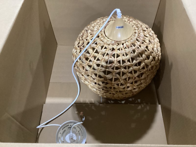 Condition photo showing As Is for Boho Pendant Lights, 15.7" 1-Light Rattan Chandelier Hand-Woven Wicker Pendant Light with Water Hyacinth Shade, Coastal Dome Hanging Light for Dining Room Kitchen Island Water Hyacinth D 16", Large
