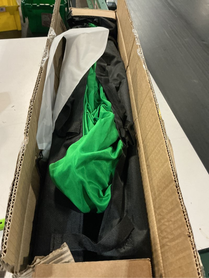 Condition photo showing As Is for 2 in 1 green backdrop stand kit, 6.5x6.5 ft portable dual rod stand kit with 6x7ft green backdrop-premium polyester for video streaming, portrait photoshoot, wall mounted, parties 6.5x6.5ft green