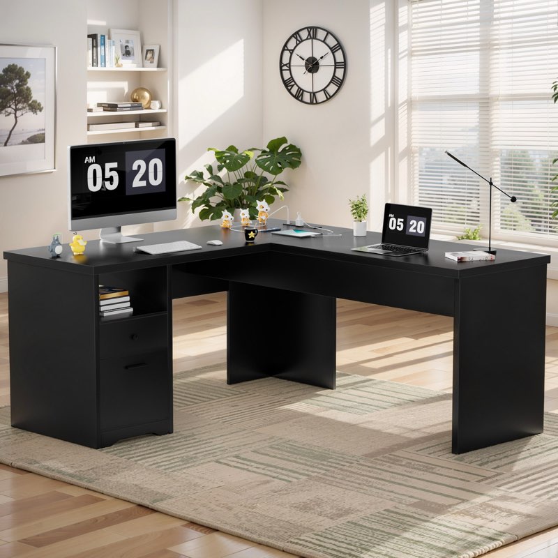(Incomplete, 1 box only) Swapan 56'' Lift Top L-Shaped Desk with Drawers and Power Outlets, Executive Desk