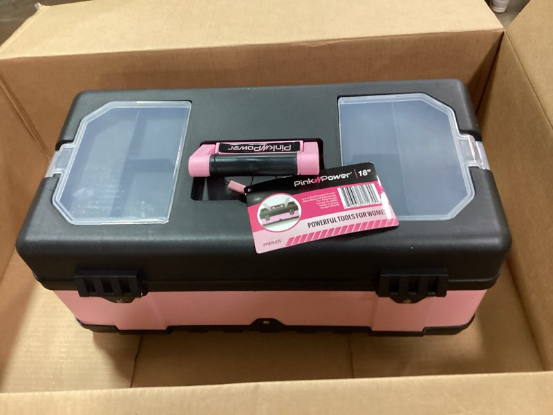 Condition photo showing New/Like New for Pink Power Pink Tool Box for Women - 18" Small Metal & Plastic Portable Lightweight Pink Locking Empty Toolbox Chest - Craft Tote Storage Tool Case Organizer for Ladies Pink Tool Set Kit