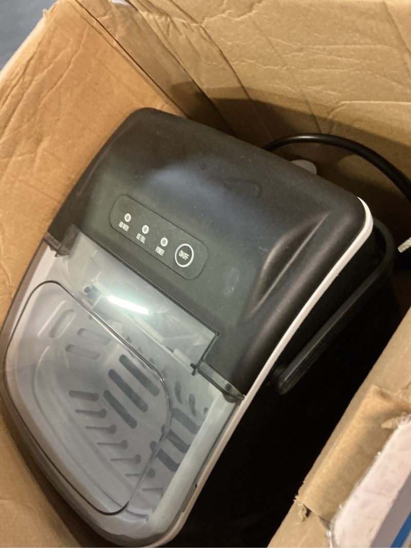 Condition photo showing As Is for ice maker countertop, efficient easy carry ice machine, self-cleaning ice maker with ice scoop & basket, 9pcs/ 6mins 26.6lbs per day for home/office/kitchen,black black 26lbs/day