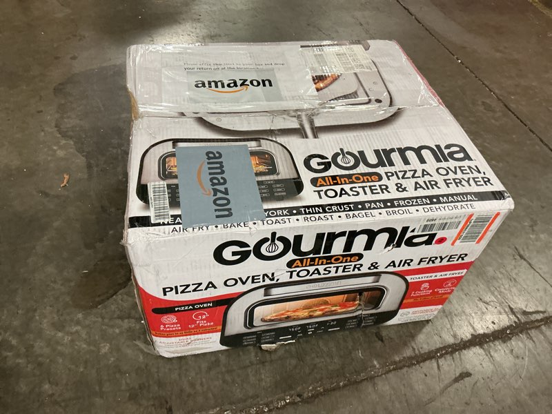 Condition photo showing As Is for Gourmia Indoor Pizza Oven Air Fryer Toaster – 1800W Countertop Multi-Cooker with Pizza Stone, Digital Controls & 6 Presets, Stainless Steel