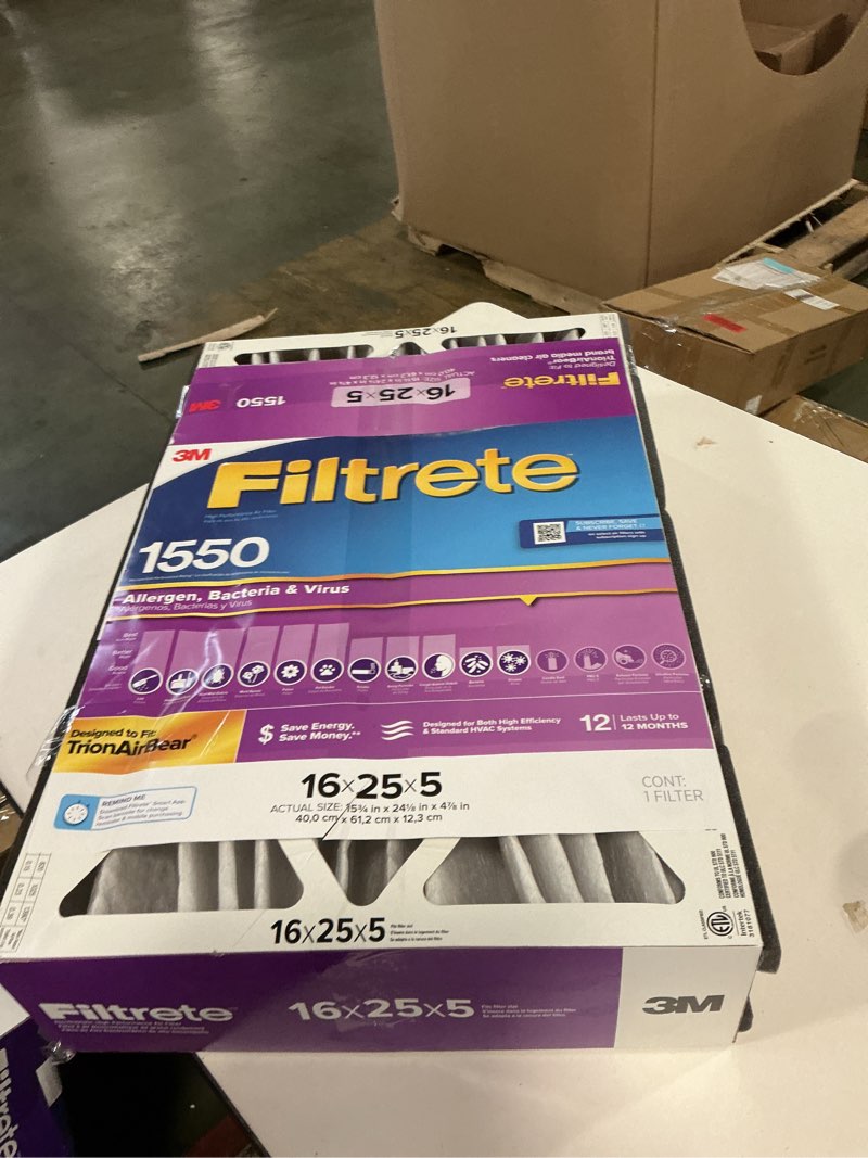 Condition photo showing As Is for Filtrete 16 x 25 x 5 MERV 12 1550 MPR Allergen, Bacteria and Virus Electrostatic pleated Air Filter