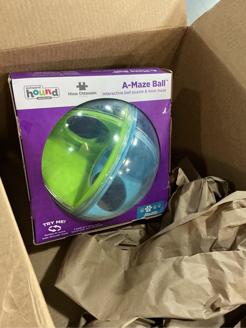 Condition photo showing As Is for outward hound by nina ottosson a-maze ball dog treat puzzle ball, level 2 intermediate, 8.46" diameter, green a-maze ball (blue, green)