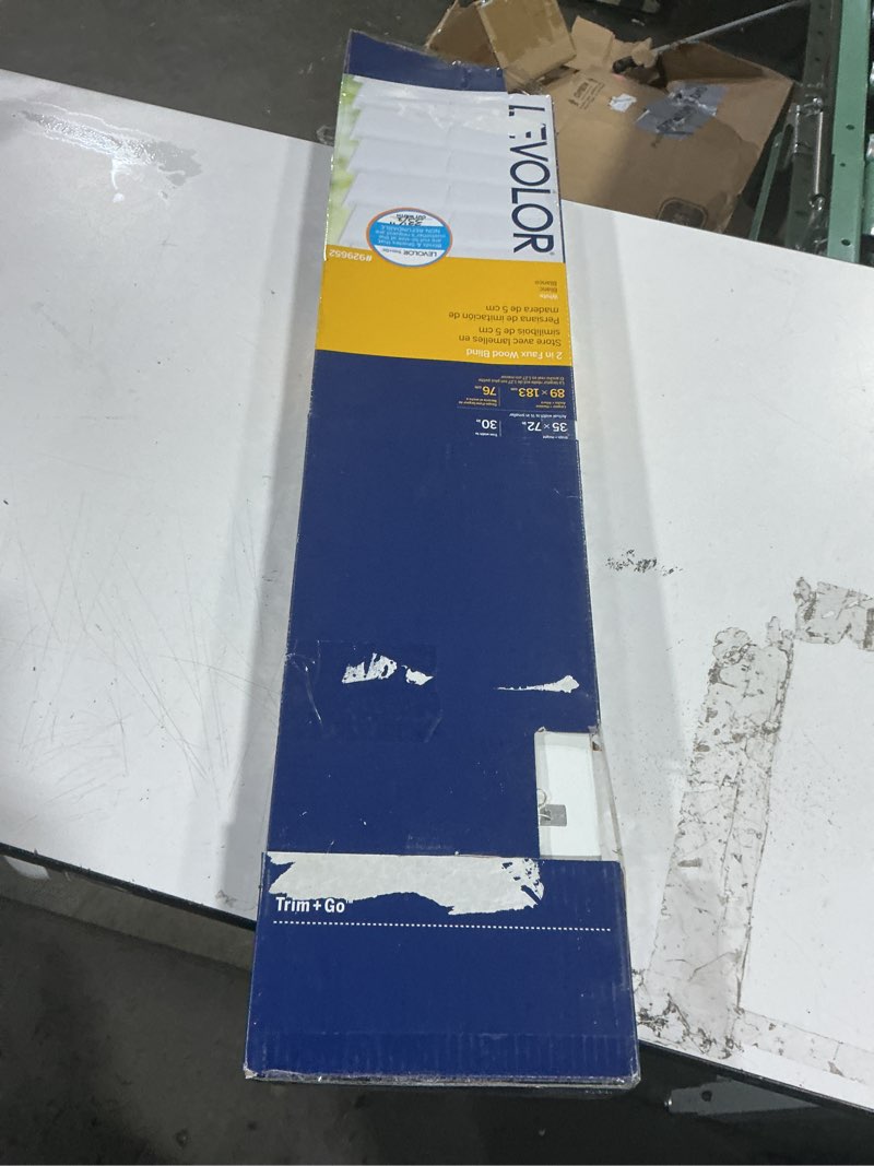 Condition photo showing As Is for levolor trim+go 2-in slat width 32-in x 72-in cordless white faux wood room darkening