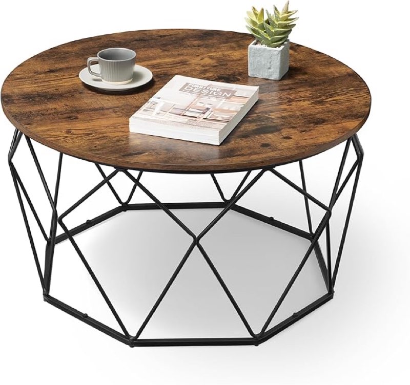 vasagle round coffee table for living room, cage cocktail table with steel frame, 31.5 inches dia., industrial style, rustic brown and black
