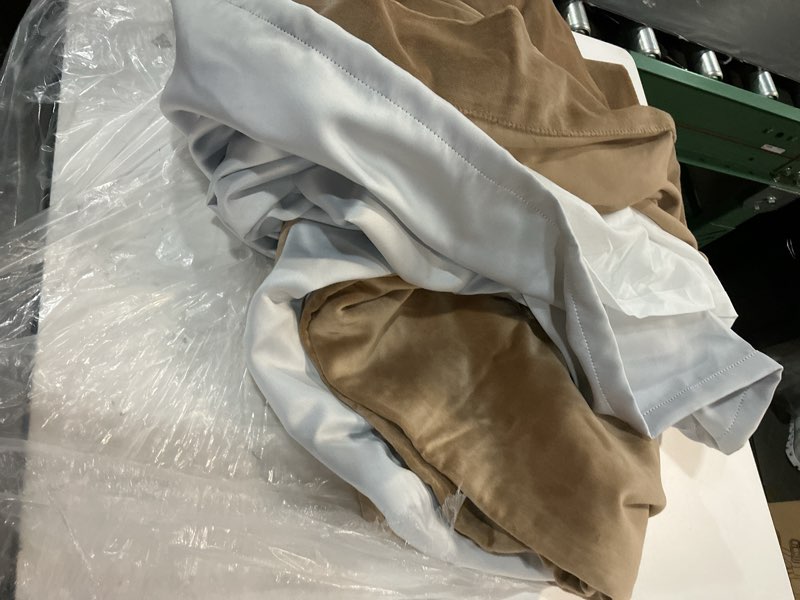 Condition photo showing As Is for cotton velvet room darkening curtain - single panel, 48x108, camel