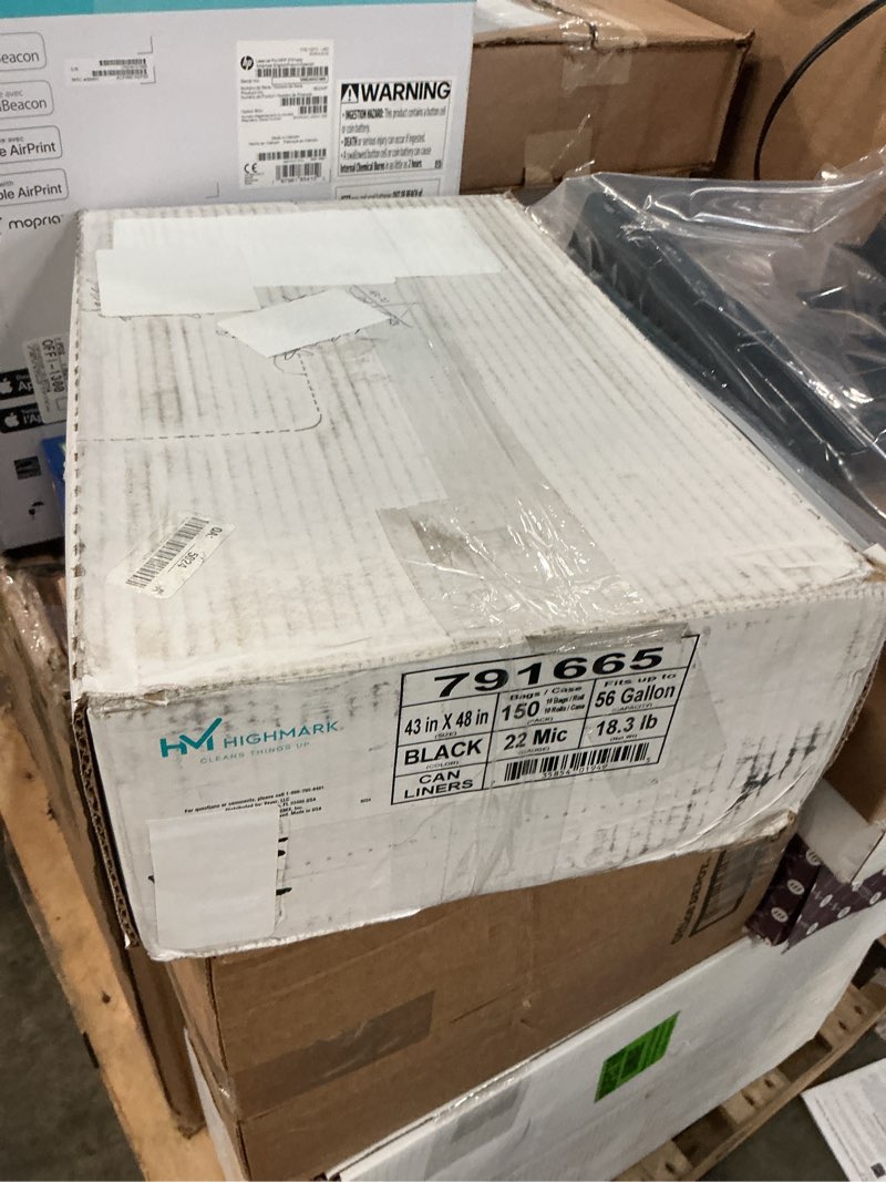 Condition photo showing New/Like New for highmark™ high-density can liners, 22 mic, 56 gallons, 43" x 48", black, box of 150