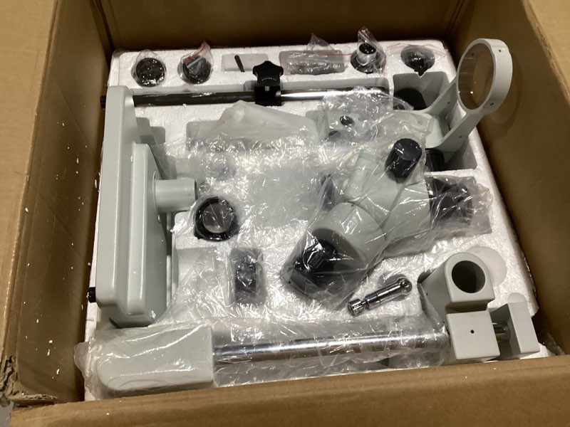 Condition photo showing Good Condition for Professional Trinocular Stereo Zoom Microscope, 3.5X-90X Magnification with WF10X Eyepieces, 0.7X-4.5X Zoom Objective and 0.5X & 2.0X Auxiliary Lens, Double-Arm Boom Stand, 56S LED Ring Light