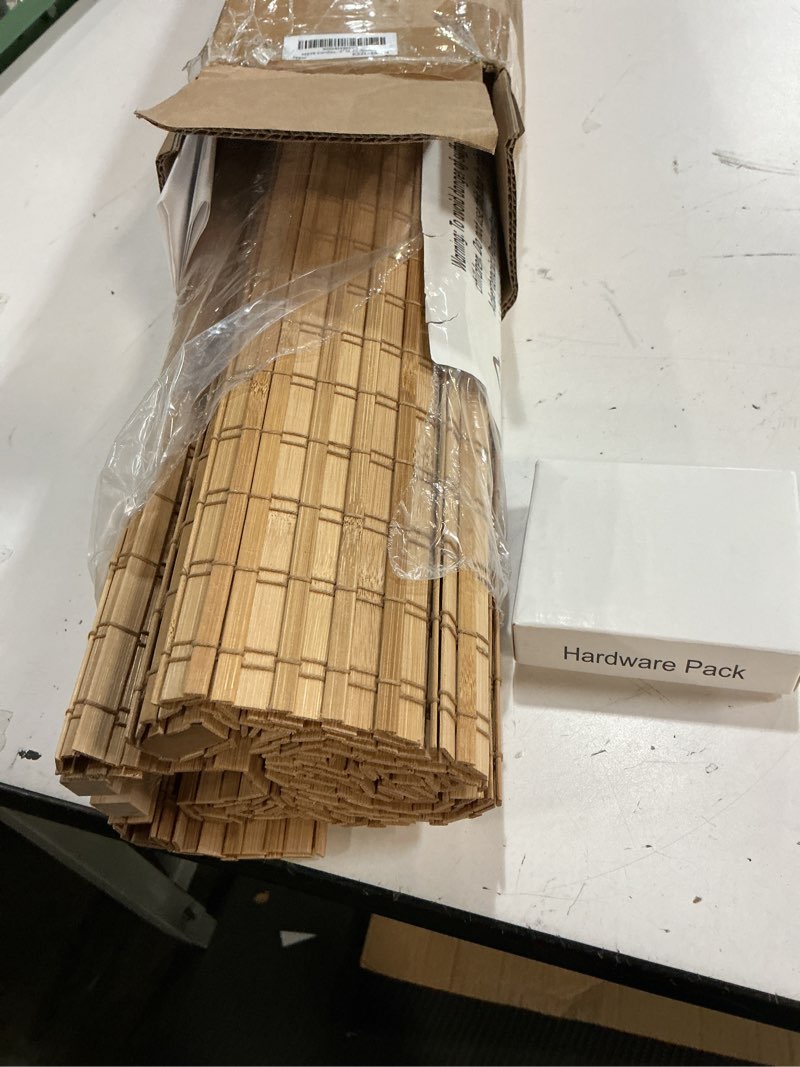 Condition photo showing Good Condition for seeye cordless bamboo roman shades, blackout natural bamboo blinds for indoor windows, roll up blind privacy shade for home, office, door, uv resistant & easy to install, 38" w x 64" h, carbonized privacy - carbonized 38"w x 64"h