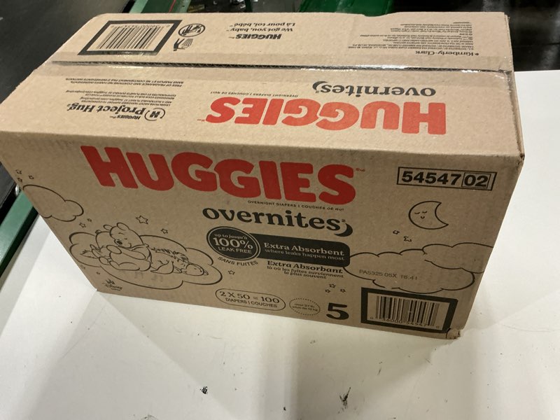 Condition photo showing New/Like New for huggies size 5 overnites baby diapers: overnight diapers, size 5 (27+ lbs), 100 ct (2 packs of 50), packaging may vary size 5 100