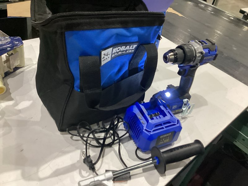 Condition photo showing As Is for kobalt 24-volt 1/2-in keyless brushless cordless drill (1-battery, charger and soft bag included)