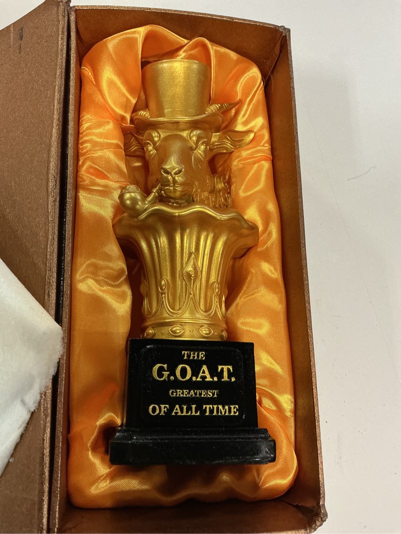 Condition photo showing Good Condition for 9" The Goat Trophy Award, Greatest of All Time (G.O.A.T.) Funny Resin Trophy for Fantasy Football, Employee Appreciation, Teacher, Boss, Friend Gold
