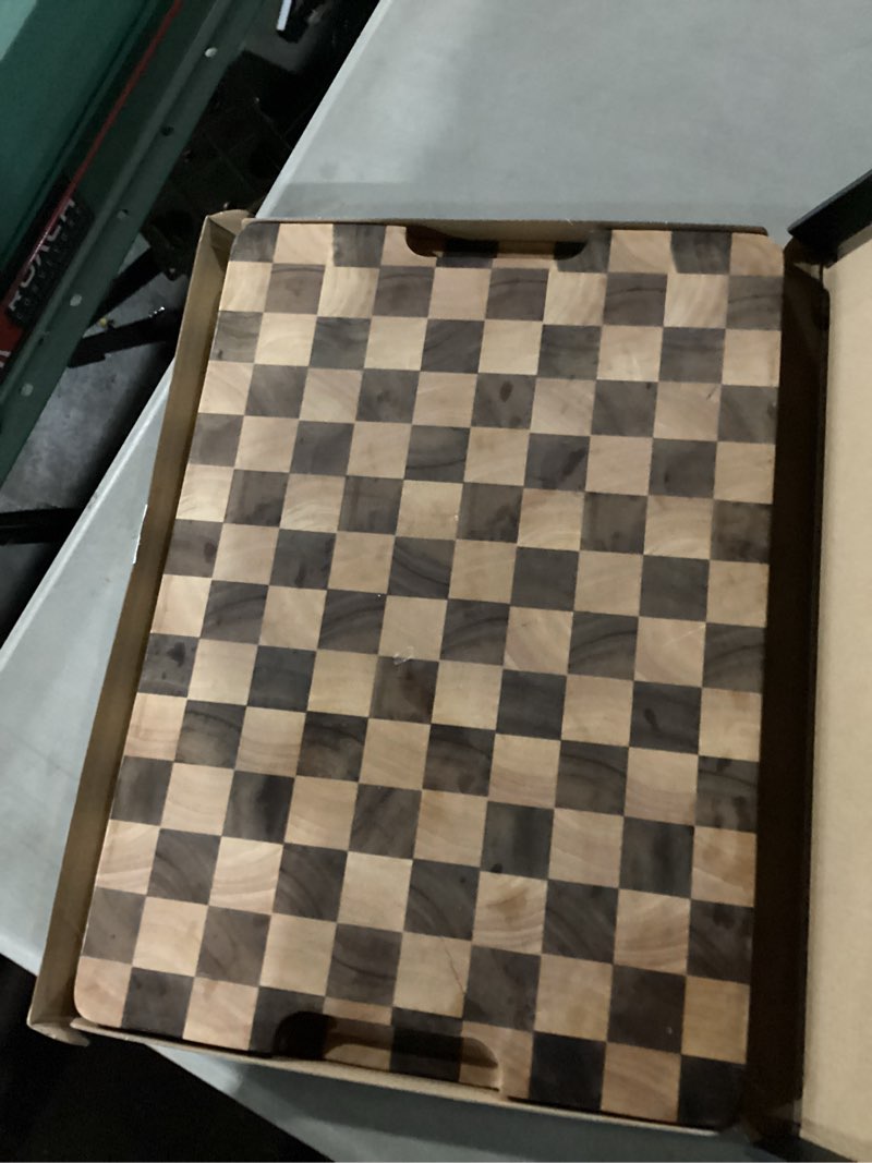 Condition photo showing New/Like New for Cutting Boards for Kitchen, Checkered Cutting Board Upgraded, Acacia Wood Chopping Board with Juice Grooves & Handles, Large Butcher Block Serving Tray with Gift Box, 16.5" x 11.6" x 0.8" Acaia Wood & Rubber Wood 16.5"L x 11.6"W