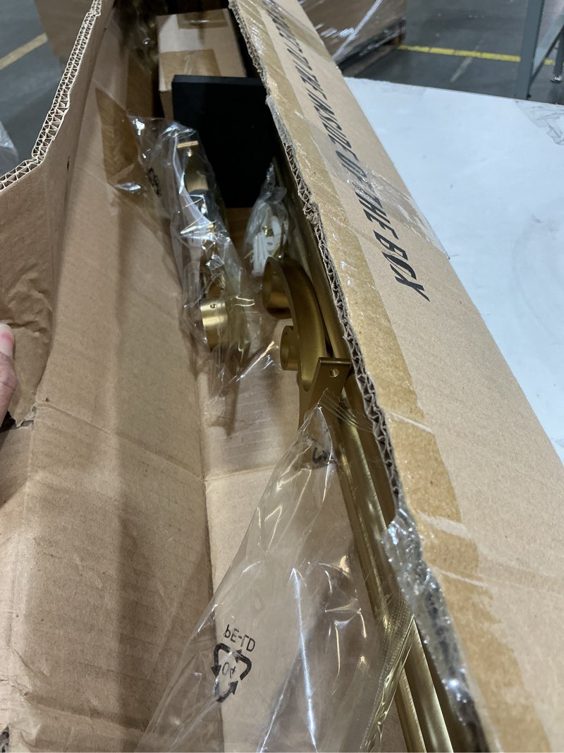 Condition photo showing Good Condition for double curtain rods 72-144 inches, warm gold double window rod, adjustable double drapery rod with round finials, 1-inch front and 5/8 inch back telescoping double rod curtain rod warm gold 72-144"