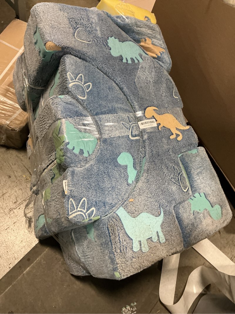 Condition photo showing As Is for MeMoreCool Foam Climbing Toddler Couch, Modular Kids Sofa with Slide & Stair, Convertible Baby Couch for Playroom, Sectional Furniture for Crawling, Climbing, and Kids’ Play Denim Dinosaur