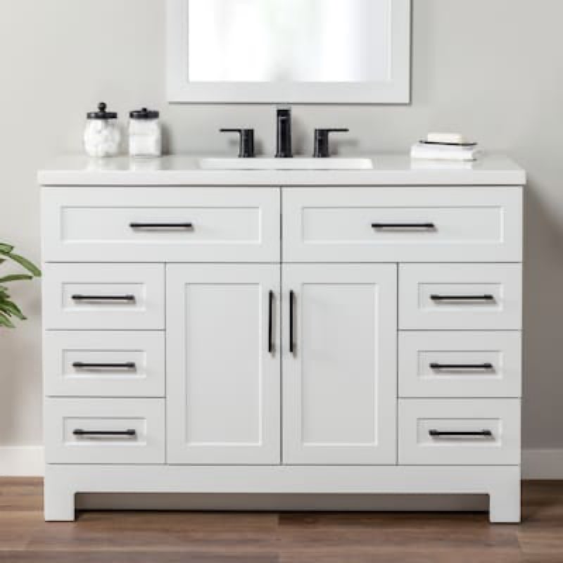 Style Selections Cauley 48-in True White Single Sink Bathroom Vanity with White Cultured