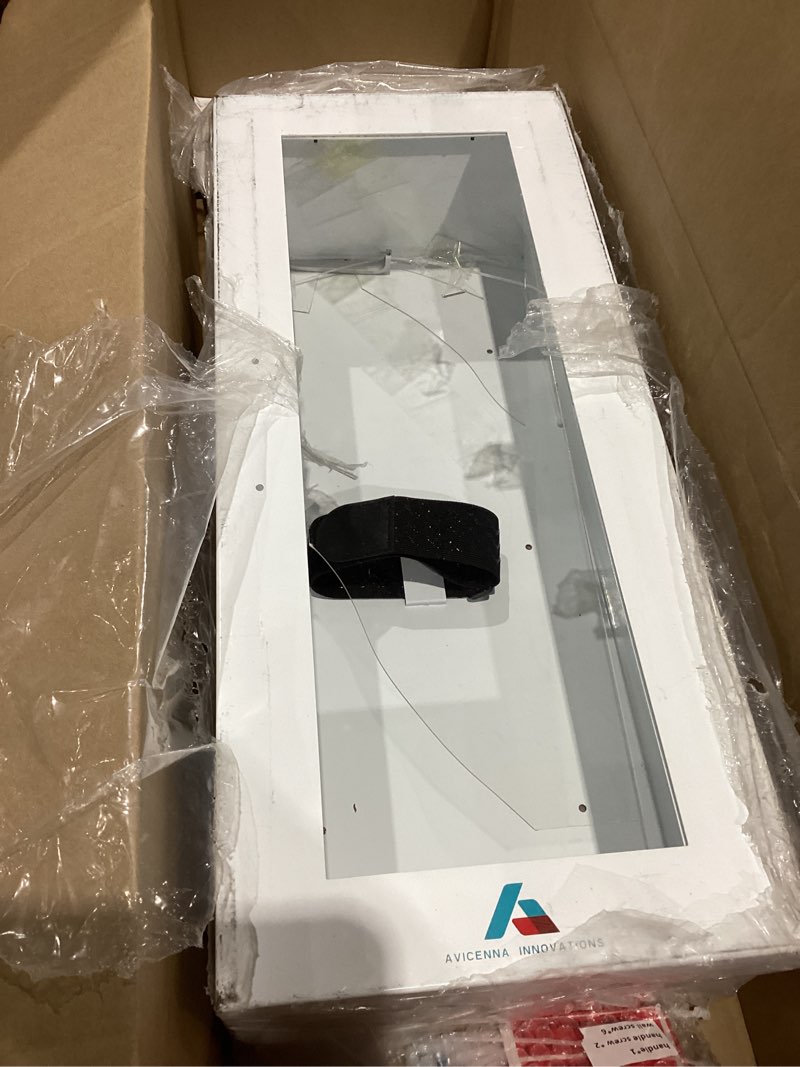 Condition photo showing As Is for steel fire extinguisher cabinet white | wall mount box with quick-access magnetic door | turnkey kit with 3d sign, tags & seals | fits 5-10lb extinguishers (24.6"h x 10.6"w x 5.9"d) white wall-mounted