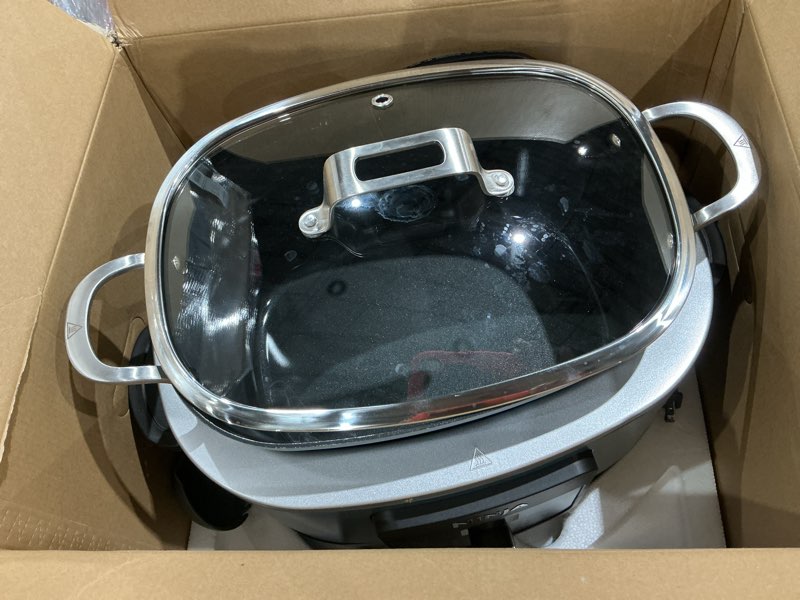 Condition photo showing As Is for ninja mc1001 foodi possiblecooker pro 8.5 quart multi-cooker, with 8-in-1 slow cooker, dutch oven, steamer, glass lid integrated spoon, nonstick, oven safe pot to 500°f, sea salt gray