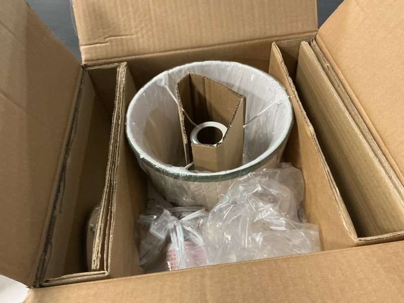 Condition photo showing Good Condition for Modern Table Lamp for Living Room, Farmhouse Table Lamps, 8X8X15 Inch Pink Wood Base Desk Lamp Pull Chain Switch Desk Lamp for Bedrooms and Office (Green Conical Pleated Cloth Shade)