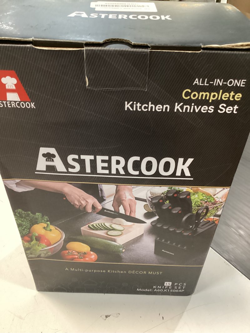 Condition photo showing New/Like New for knife set, astercook 15 pieces knife sets for kitchen with block, dishwasher safe kitchen knife set with built in sharpener block, german stainless steel knife block set, valentine's gift