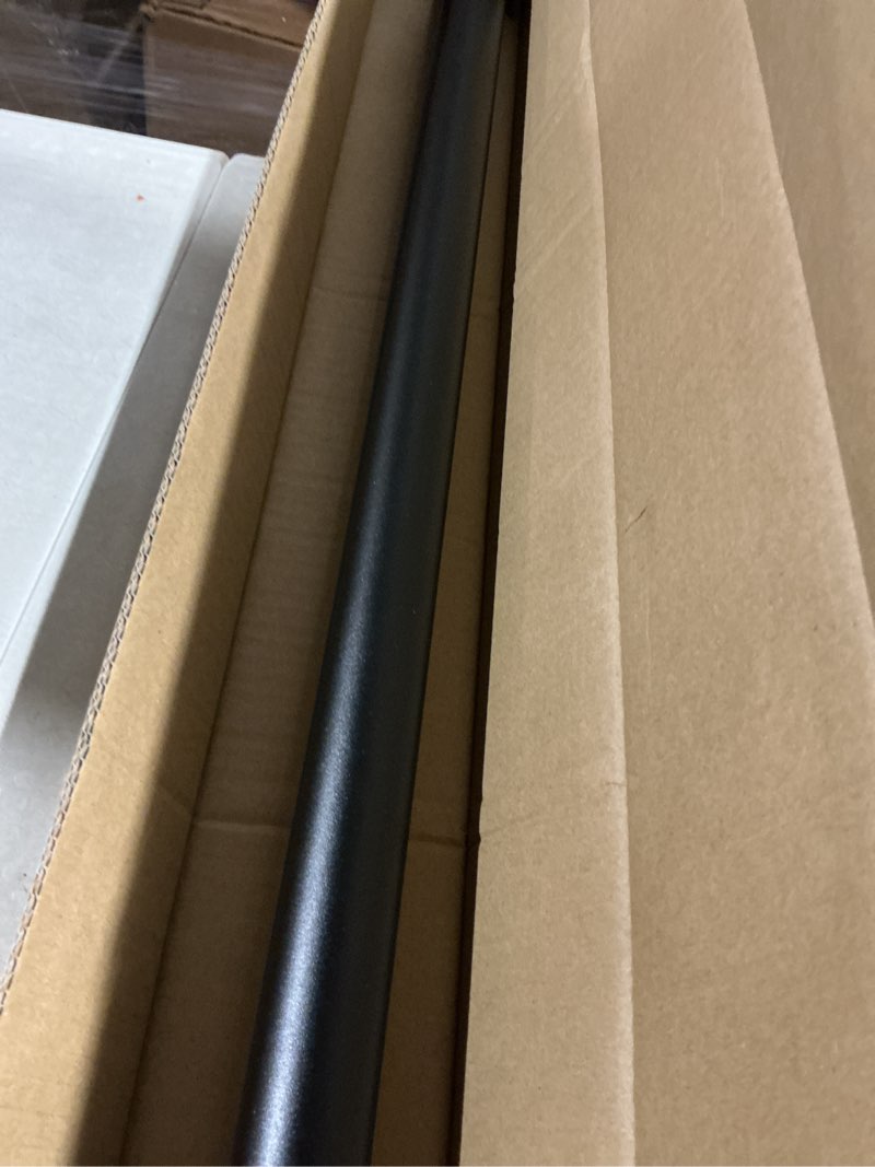 Condition photo showing As Is for tension curtain rod by ezfurni,2 sets 42-123 inches,heavy duty tension rods for windows,no drilling adjustable curtain rod for patio,hold up blackout curtains and non slip,black black 42-123 inch 2sets