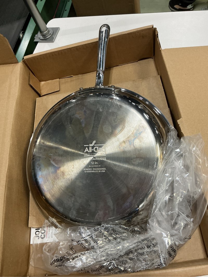 Condition photo showing As Is for All-Clad D3 12" Stainless Steel Frying pan W/Lid, 3-Ply Stainless Steel Pan, Induction, Oven Broiler Safe 600F Skillet, Professional Cookware, Silver Silver 12 inch with lid