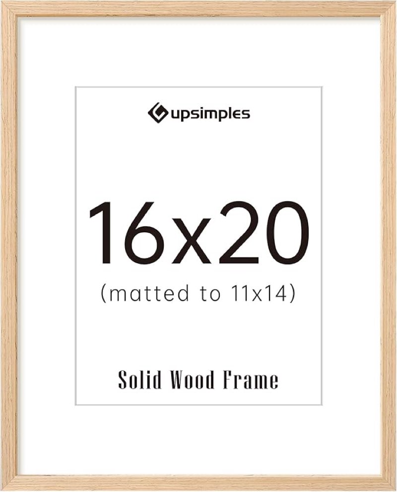 upsimples 16x20 Frames, Natural Solid Wooden Picture Frames, Display 11x14 with Mat or 16 x 20 Without, Vertical or Horizontal Wall Hanging, 1 Pack, Natural