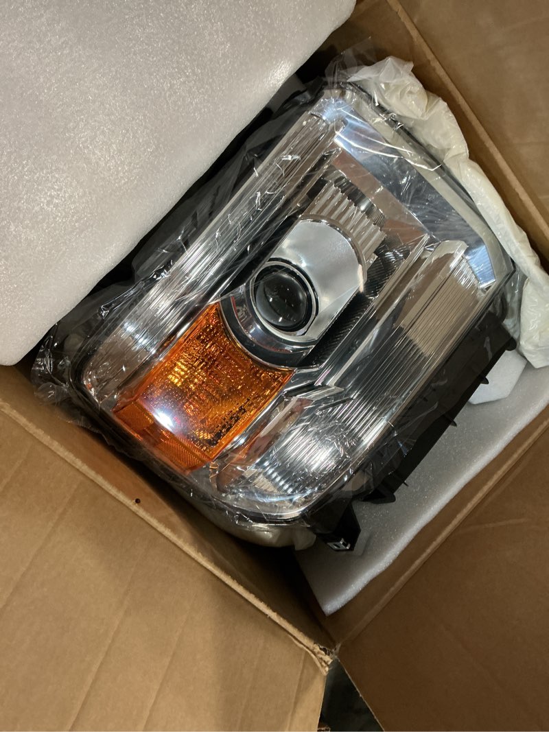 Condition photo showing New/Like New for headlight assembly compatible with gmc sierra 2014-2018 1500 | 2015-2019 2500hd/3500hd base/denali/sle/slt, halogen headlamp replacement w/o led drl, with bulbs, chrome housing amber reflector chrome housing amber reflector halogen ** set of 2 **