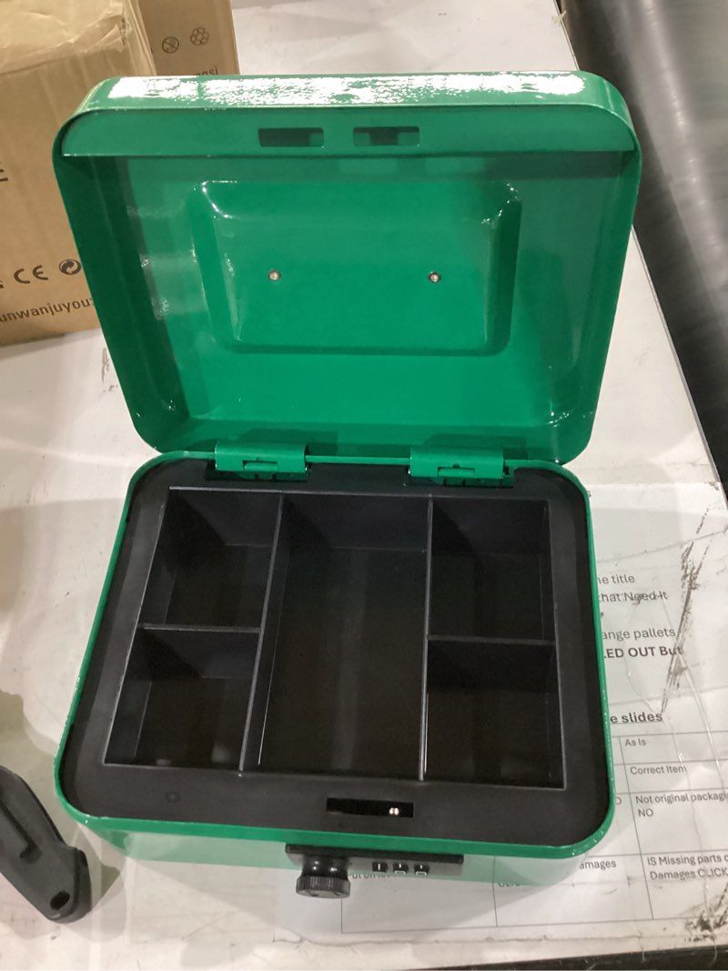 Condition photo showing Good Condition for xydled cash box with money tray,locking cash box with combination lock,money box with removable coin tray,medium,9.84 inchx 7.87 inchx 3.54 inch,green green combination lock medium