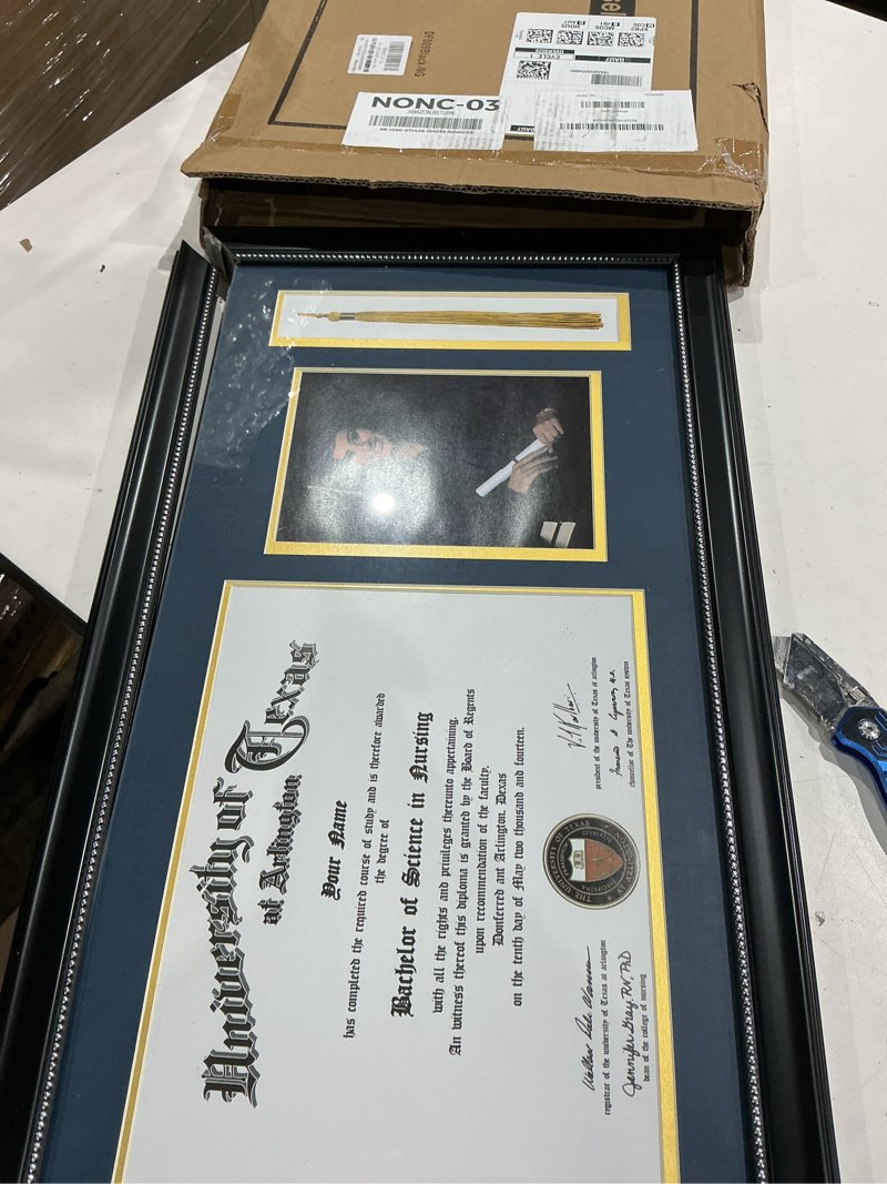 Condition photo showing As Is for graduationmall 11x22 black diploma frame with tassel holder and picture for 8.5x11 certificate 5x7 photo,real glass,navy over gold mat