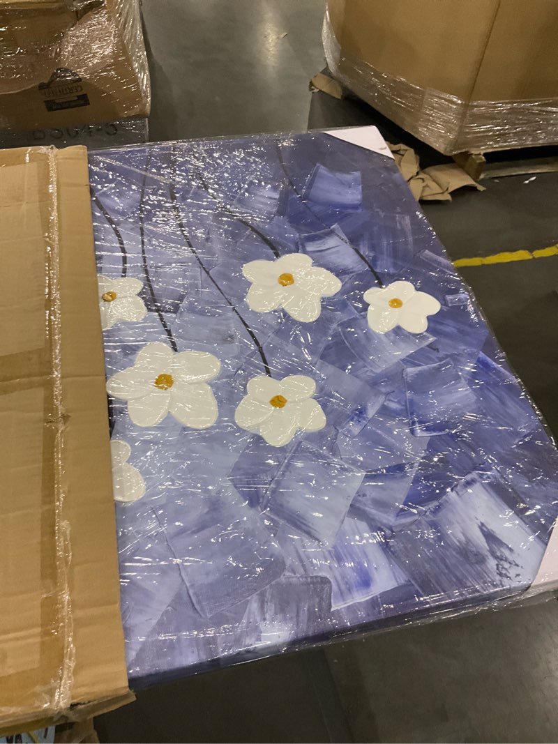 Condition photo showing Good Condition for YHSKY ARTS Floral Canvas Wall Art Hand Painted Blue and White Heavy Textured Painting Modern Abstract Flower Pictures Contemporary Artwork for Living Room Bedroom Office Decoration 47.2"L x 23.6"W White Floral