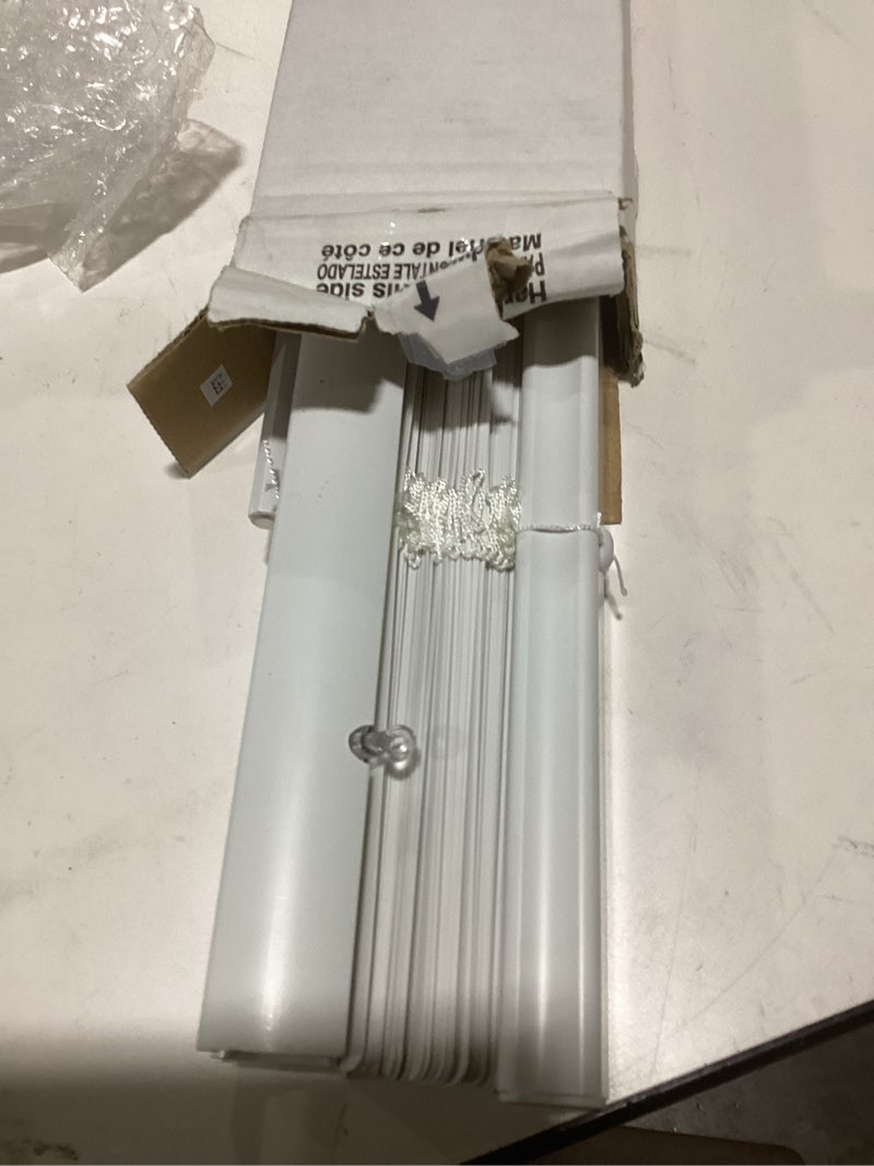 Condition photo showing As Is for Project Source 1-in cordless Vinyl Mini Blind White Fits Opening 31in x 64 in